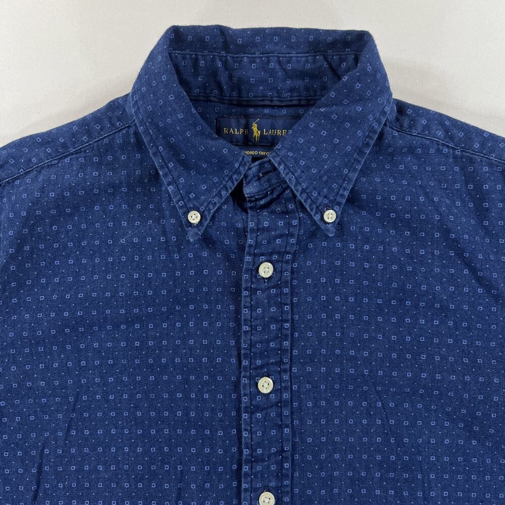 Polo Ralph Lauren Indigo Oxford Shirt Mens M Blue Geometric Print Heavyweight